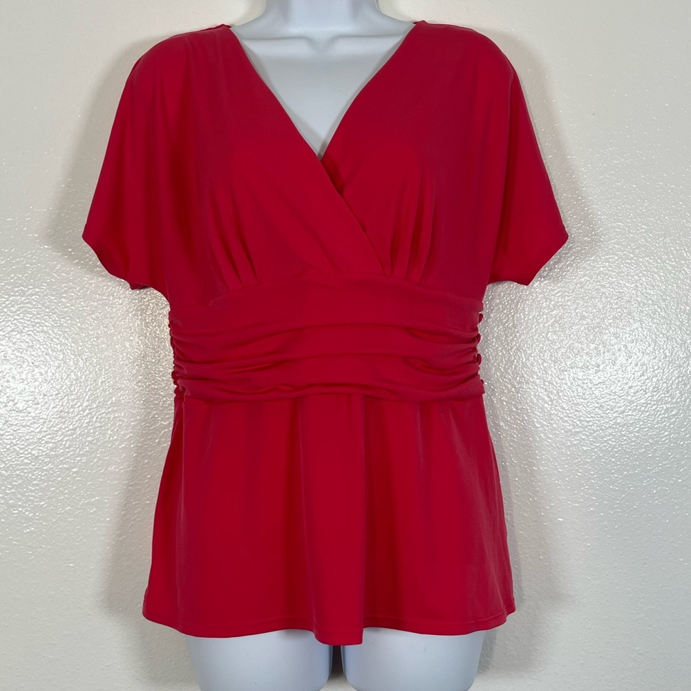 George Stretch Coral Wrap Top Medium Ruched Waist Blouse